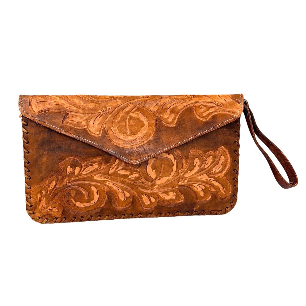 VTG Hand Tooled Floral Designs Leather Envelope Clutch Handbag
